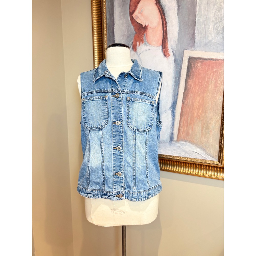 Vintage AT Denim Vest Womens Medium Wash 90s Y2K Sleeveless Jean Jacket 20x23